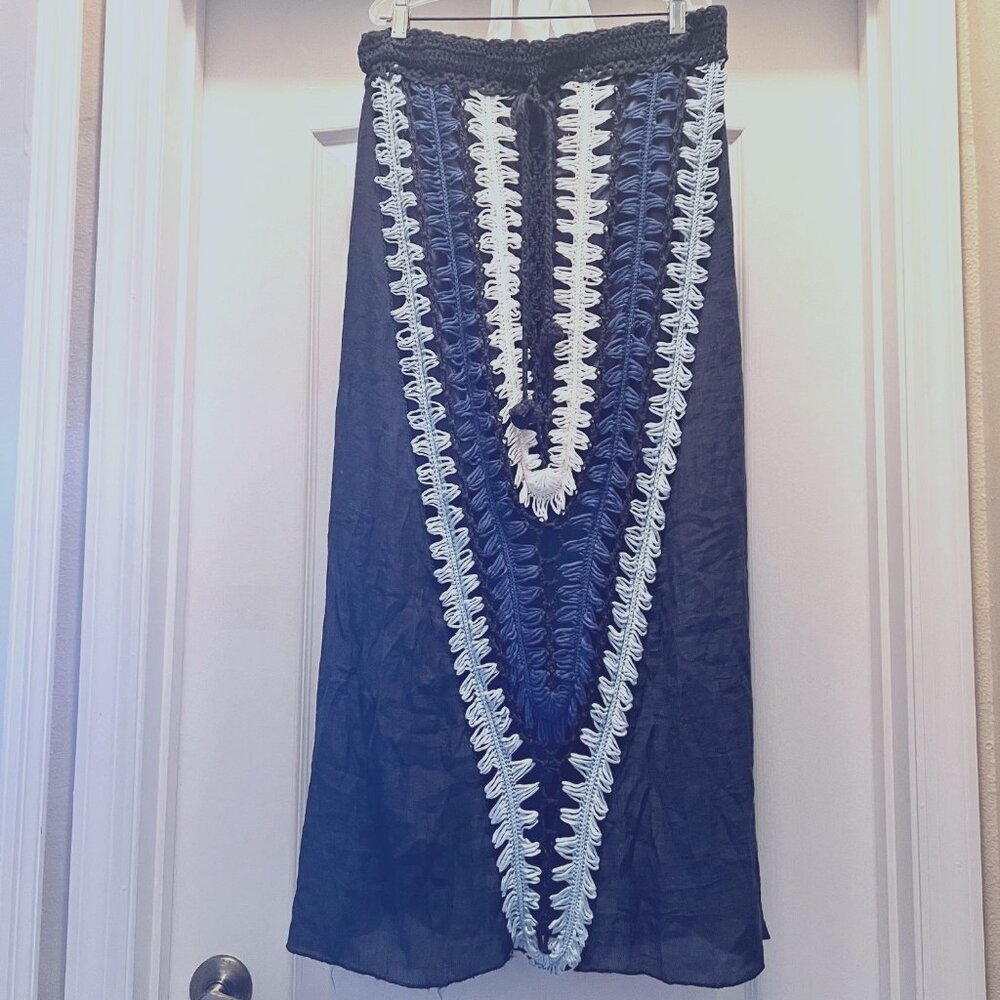 Boho Crocheted Skirt-2 Tone Blue-30" Waist-Unique Design-Maxi/Long-Pull On-Lined
